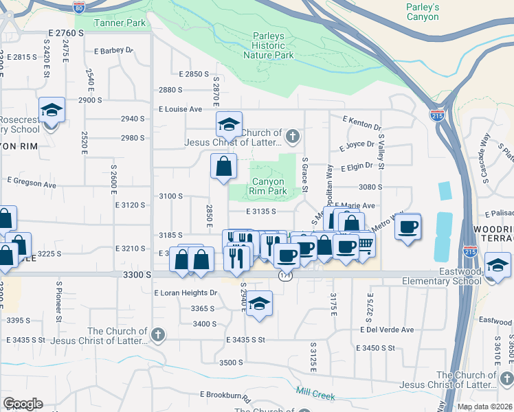 map of restaurants, bars, coffee shops, grocery stores, and more near 2974 East 3135 South in Salt Lake City