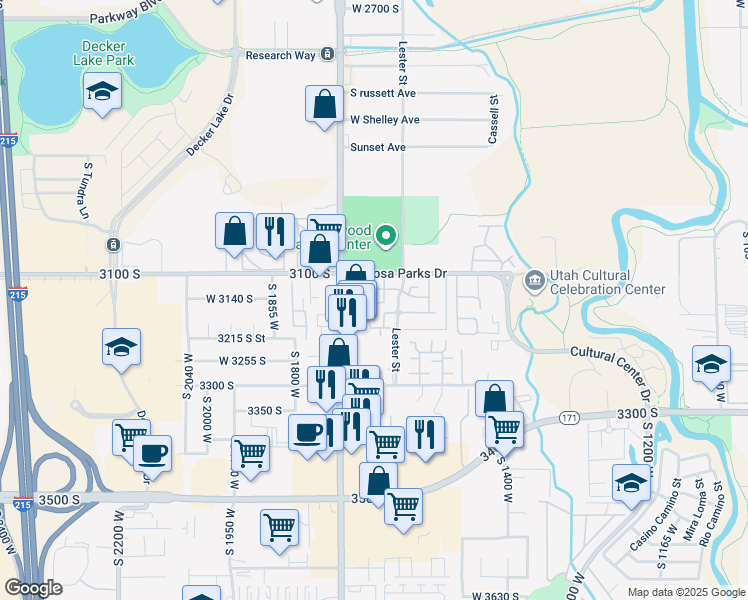 map of restaurants, bars, coffee shops, grocery stores, and more near 3185 Matisse Lane in West Valley City