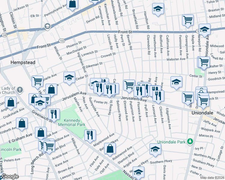 map of restaurants, bars, coffee shops, grocery stores, and more near 301 Jerusalem Avenue in Hempstead