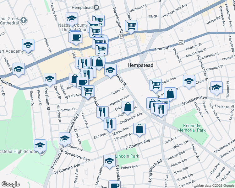 map of restaurants, bars, coffee shops, grocery stores, and more near 68 Harriman Avenue in Hempstead