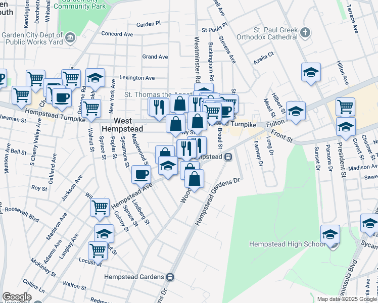 map of restaurants, bars, coffee shops, grocery stores, and more near 163 Hempstead Avenue in West Hempstead