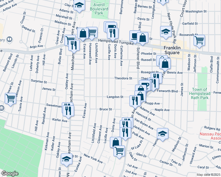 map of restaurants, bars, coffee shops, grocery stores, and more near 208 Doris Avenue in Franklin Square