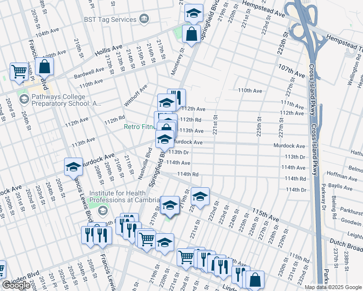 map of restaurants, bars, coffee shops, grocery stores, and more near 216-60 113th Drive in Queens