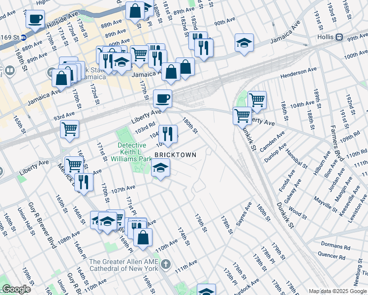 map of restaurants, bars, coffee shops, grocery stores, and more near 106-17 177th Street in Queens