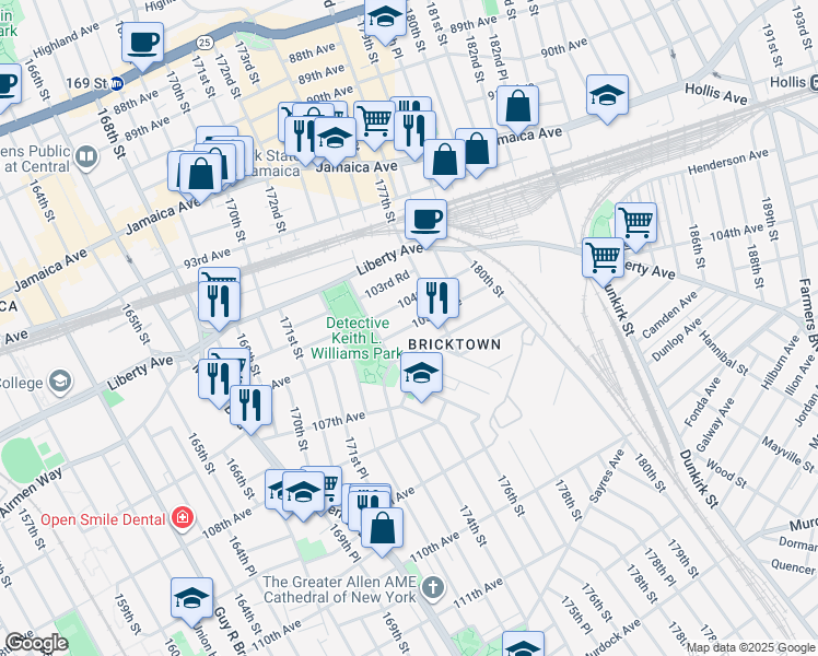 map of restaurants, bars, coffee shops, grocery stores, and more near 173-45 106th Avenue in Queens