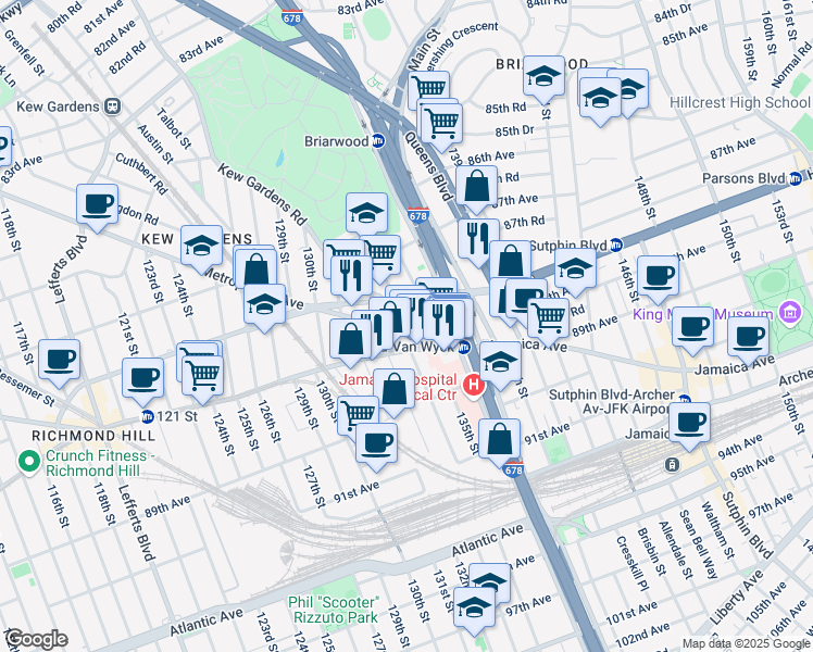 map of restaurants, bars, coffee shops, grocery stores, and more near 133-03 Jamaica Avenue in Queens