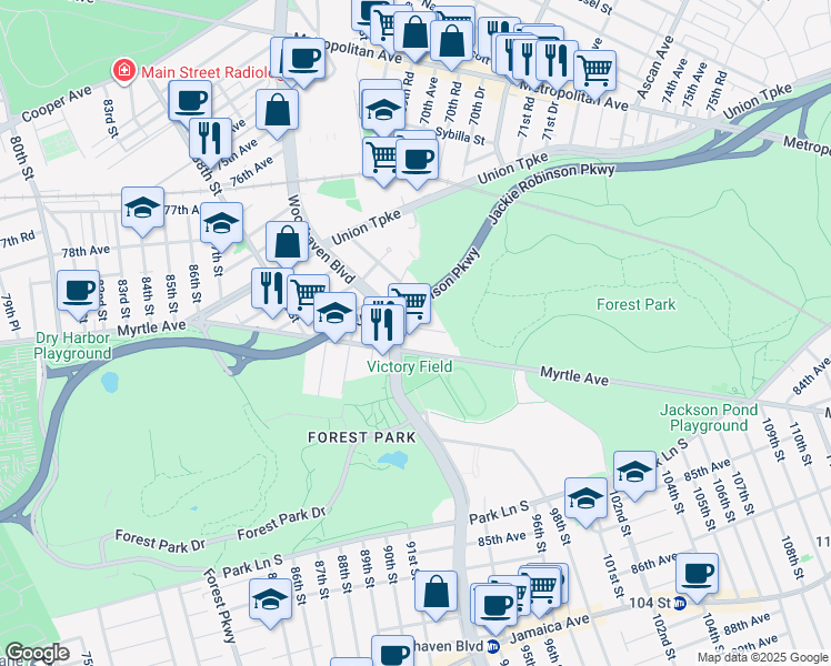 map of restaurants, bars, coffee shops, grocery stores, and more near 90-29 Myrtle Avenue in Queens