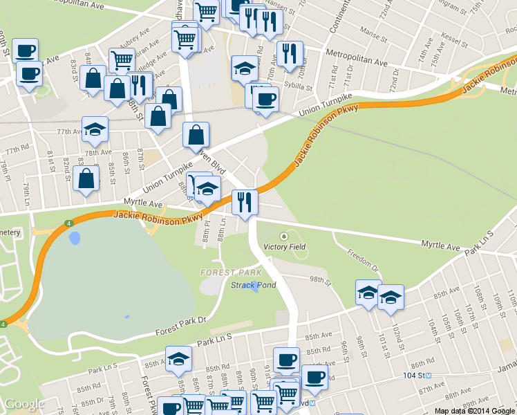 map of restaurants, bars, coffee shops, grocery stores, and more near in Queens