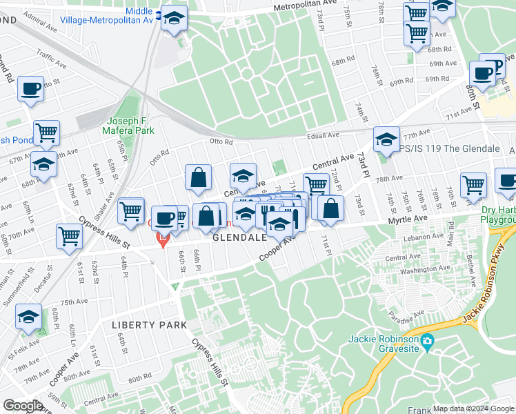 map of restaurants, bars, coffee shops, grocery stores, and more near 71-58 69th Place in Queens