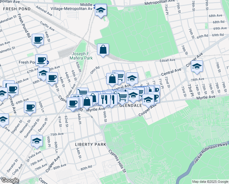 map of restaurants, bars, coffee shops, grocery stores, and more near 71-20 67th Street in Queens