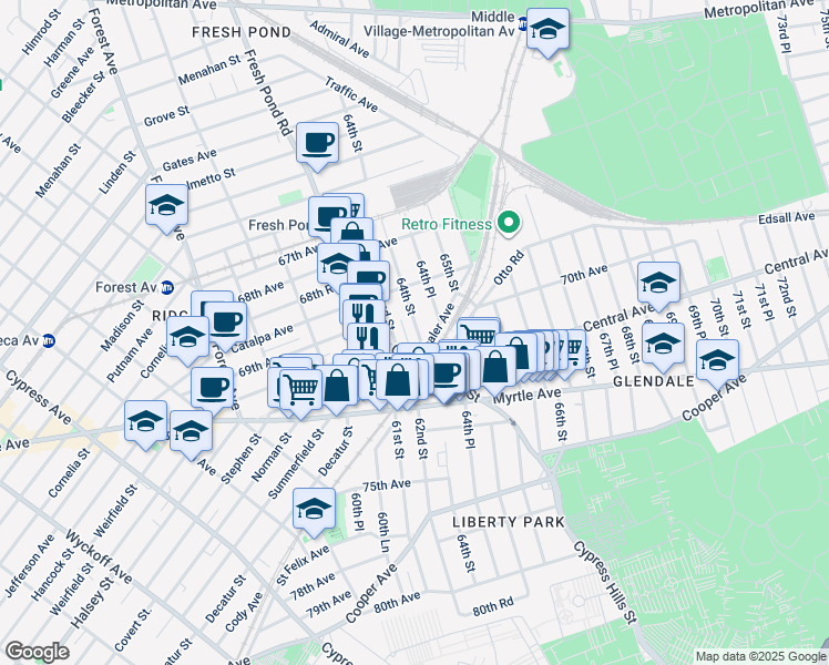 map of restaurants, bars, coffee shops, grocery stores, and more near 70-25 Cypress Hills Street in Queens
