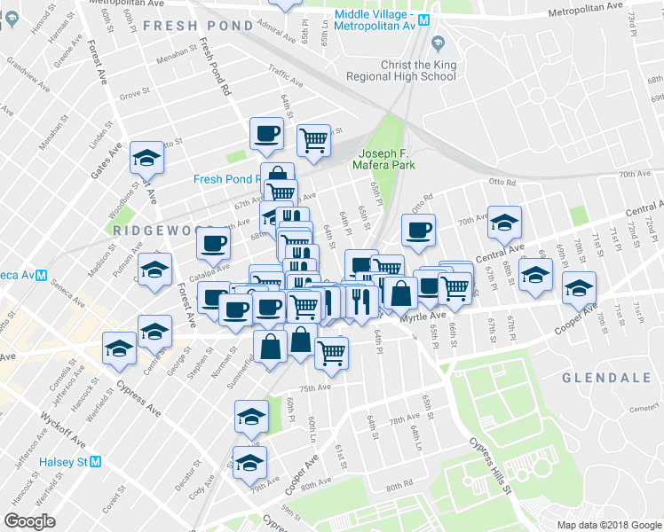 map of restaurants, bars, coffee shops, grocery stores, and more near 70-25 Cypress Hills Street in Queens