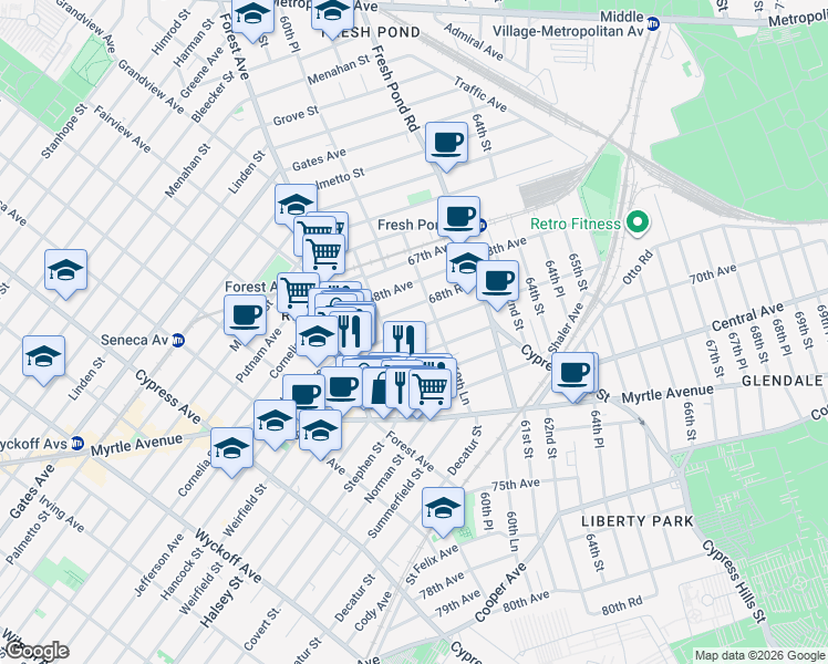 map of restaurants, bars, coffee shops, grocery stores, and more near 60-07 69th Avenue in Queens