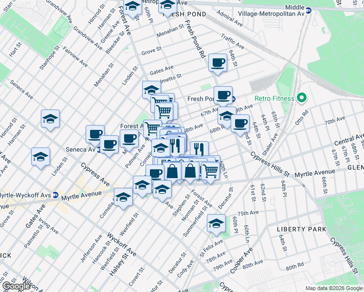 map of restaurants, bars, coffee shops, grocery stores, and more near 68-59 Forest Avenue in Queens