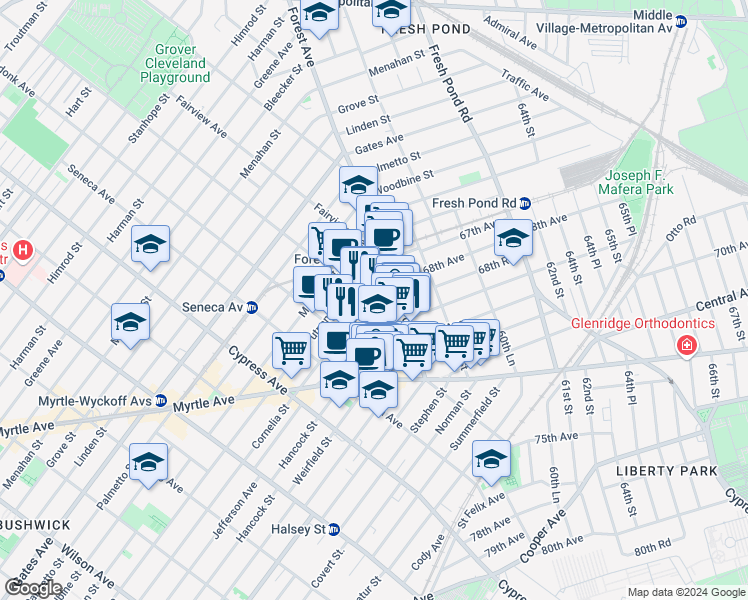 map of restaurants, bars, coffee shops, grocery stores, and more near 870 Woodward Avenue in Queens