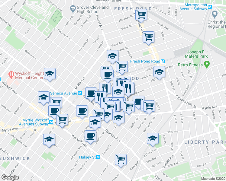 map of restaurants, bars, coffee shops, grocery stores, and more near 18-67 Cornelia Street in Queens