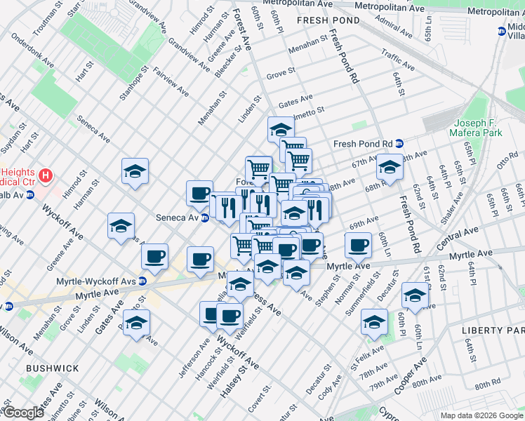 map of restaurants, bars, coffee shops, grocery stores, and more near 18-67 Cornelia Street in Queens