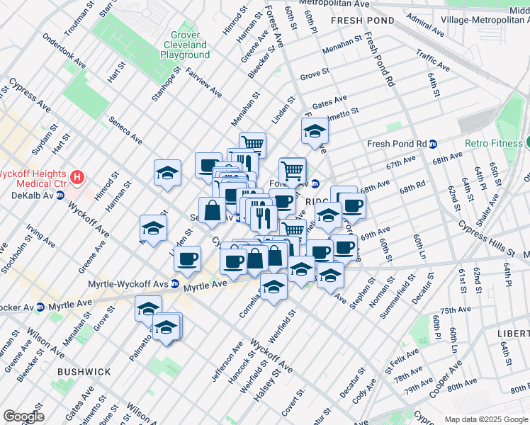 map of restaurants, bars, coffee shops, grocery stores, and more near 18-14 Woodbine Street in Queens