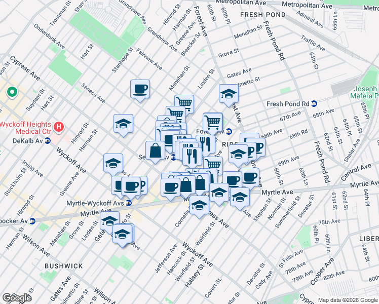 map of restaurants, bars, coffee shops, grocery stores, and more near 18-14 Woodbine Street in Queens