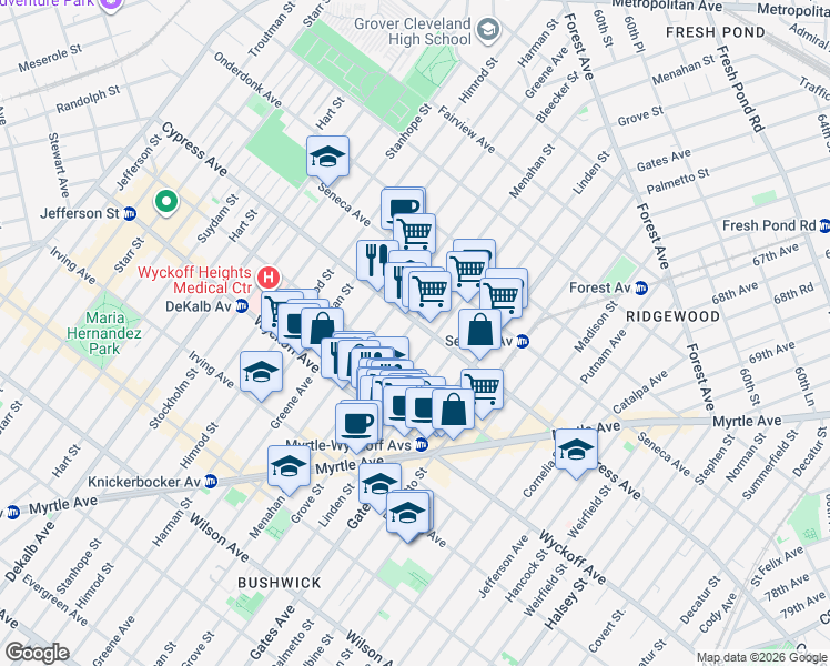 map of restaurants, bars, coffee shops, grocery stores, and more near in Queens