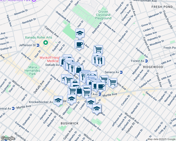 map of restaurants, bars, coffee shops, grocery stores, and more near 397 Bleecker Street in Brooklyn