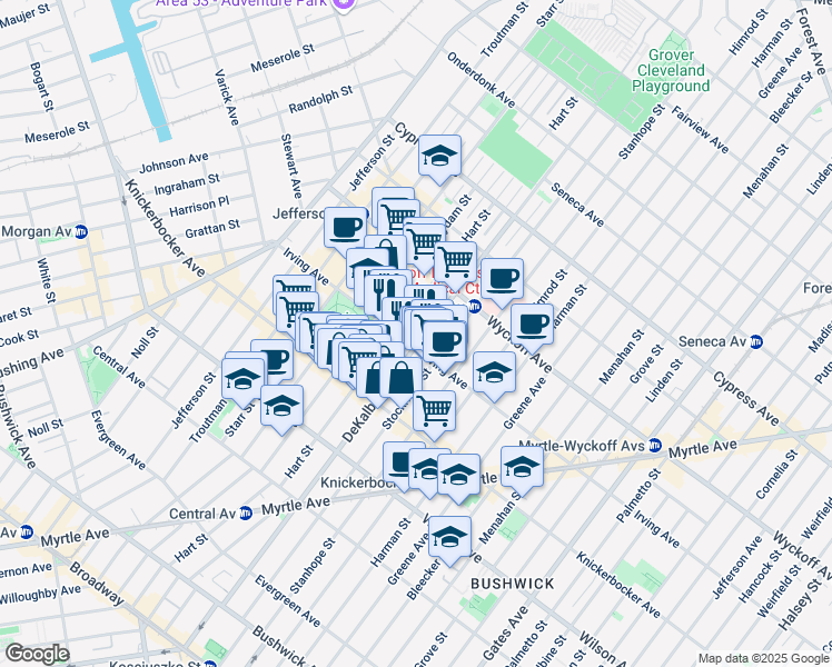 map of restaurants, bars, coffee shops, grocery stores, and more near 1535 Dekalb Avenue in Brooklyn