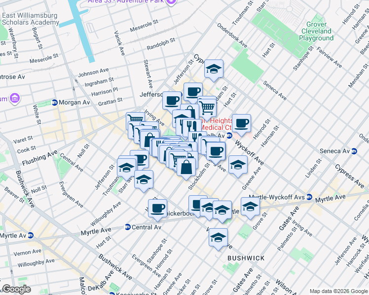 map of restaurants, bars, coffee shops, grocery stores, and more near 288 Suydam Street in Brooklyn