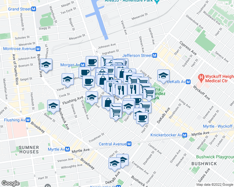 map of restaurants, bars, coffee shops, grocery stores, and more near 55 Wilson Avenue in Brooklyn