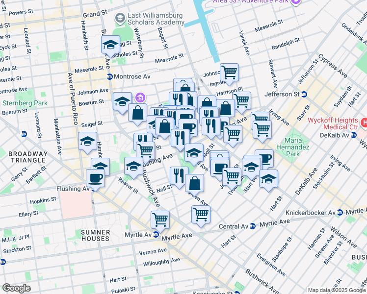 map of restaurants, bars, coffee shops, grocery stores, and more near 942 Flushing Avenue in Brooklyn