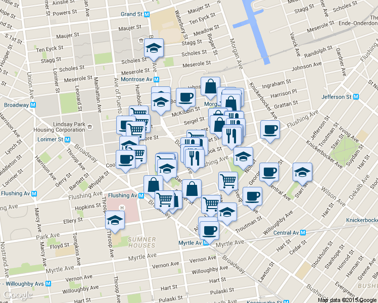 map of restaurants, bars, coffee shops, grocery stores, and more near 162 Cook Street in Brooklyn