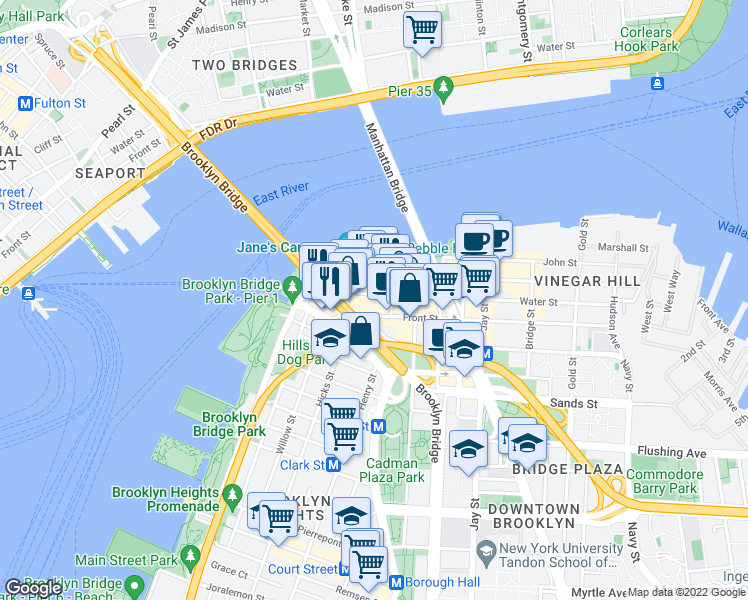 map of restaurants, bars, coffee shops, grocery stores, and more near 66 Water Street in Brooklyn