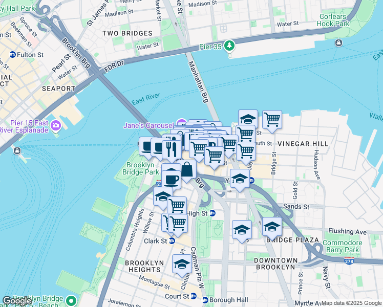 map of restaurants, bars, coffee shops, grocery stores, and more near 66 Water Street in Brooklyn