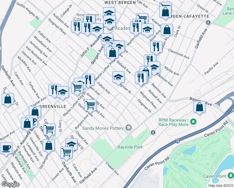 map of restaurants, bars, coffee shops, grocery stores, and more near 100 Fulton Avenue in Jersey City