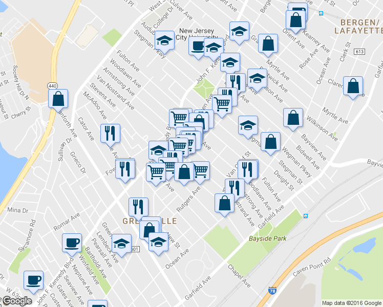 map of restaurants, bars, coffee shops, grocery stores, and more near 83 Martin Luther King Junior Drive in Jersey City