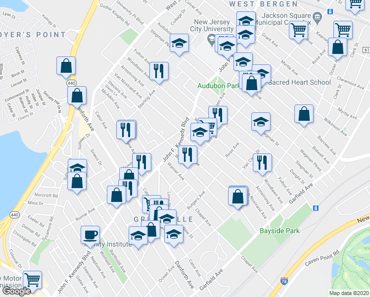 map of restaurants, bars, coffee shops, grocery stores, and more near in Jersey City