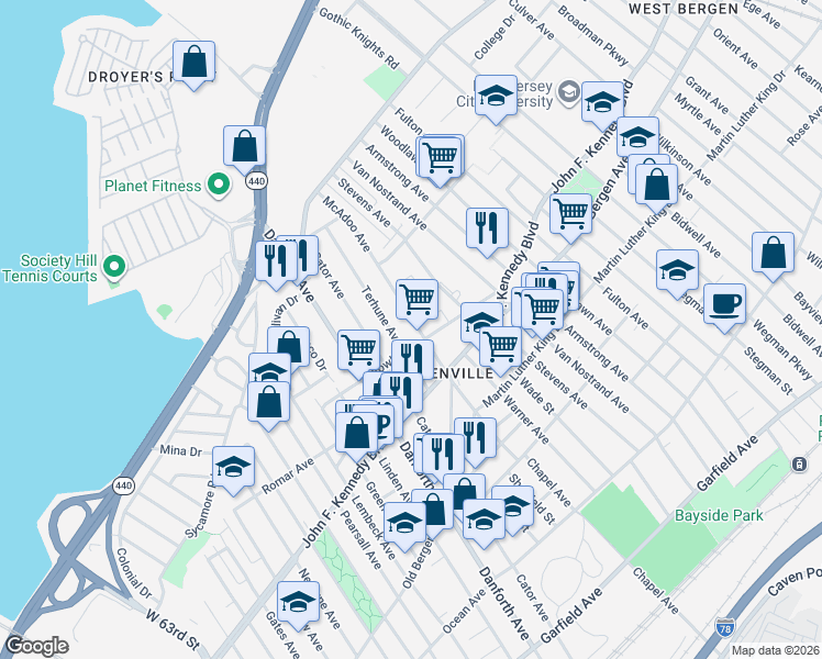 map of restaurants, bars, coffee shops, grocery stores, and more near in Jersey City