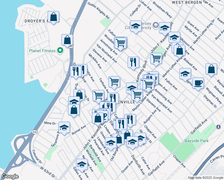 map of restaurants, bars, coffee shops, grocery stores, and more near 40 Terhune Avenue in Jersey City