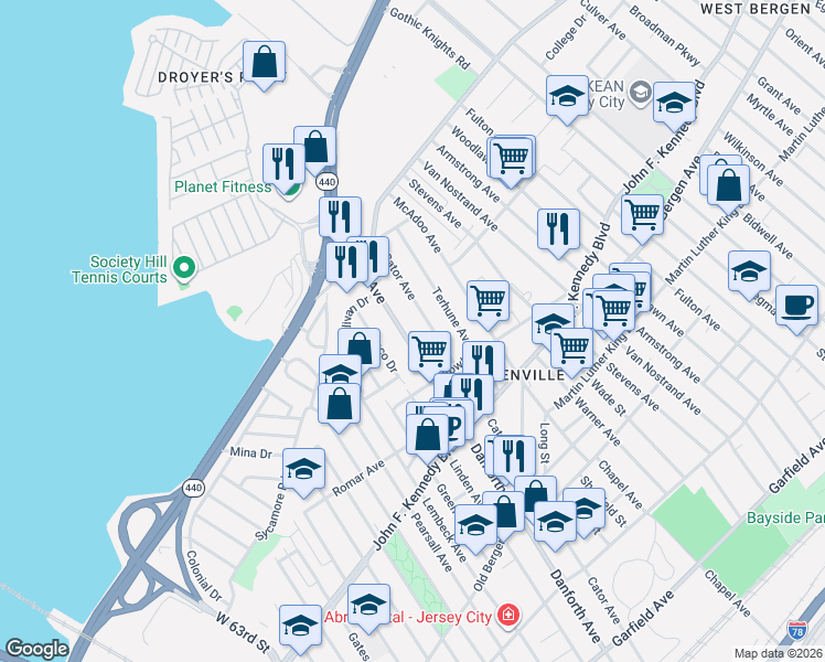 map of restaurants, bars, coffee shops, grocery stores, and more near 339 Danforth Avenue in Jersey City