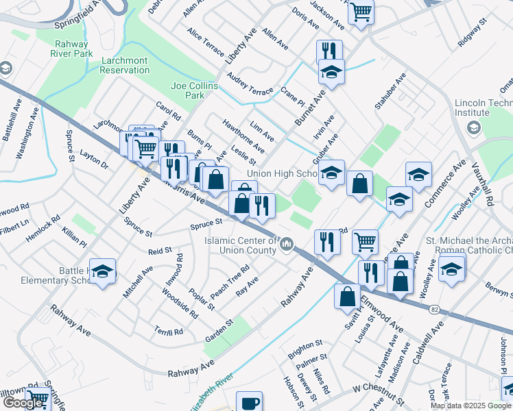 map of restaurants, bars, coffee shops, grocery stores, and more near 2444 Morris Avenue in Union