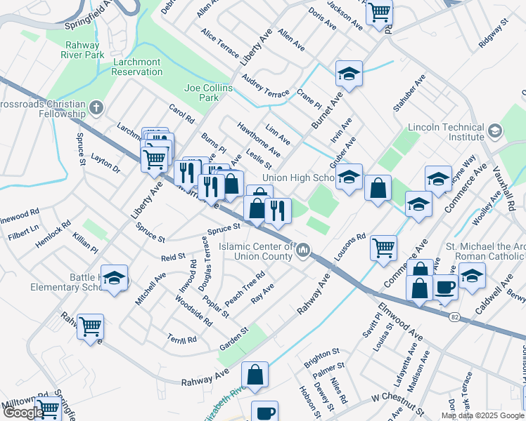 map of restaurants, bars, coffee shops, grocery stores, and more near 2444 Morris Avenue in Union