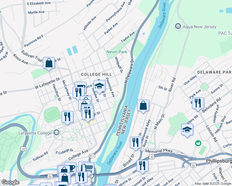 map of restaurants, bars, coffee shops, grocery stores, and more near 100 Parsons Street in Easton