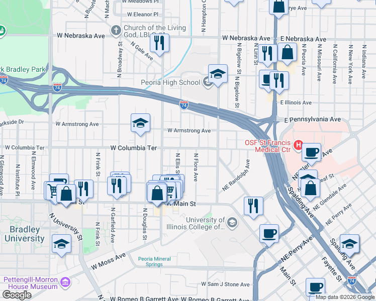 map of restaurants, bars, coffee shops, grocery stores, and more near 1209 North Flora Avenue in Peoria