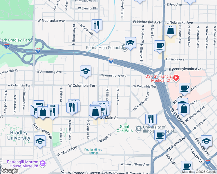 map of restaurants, bars, coffee shops, grocery stores, and more near 1207 North Ellis Street in Peoria