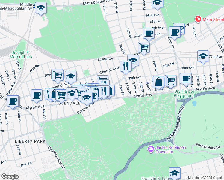 map of restaurants, bars, coffee shops, grocery stores, and more near 72-12 Cooper Avenue in Queens