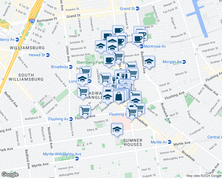 map of restaurants, bars, coffee shops, grocery stores, and more near 27 Manhattan Ave in Brooklyn