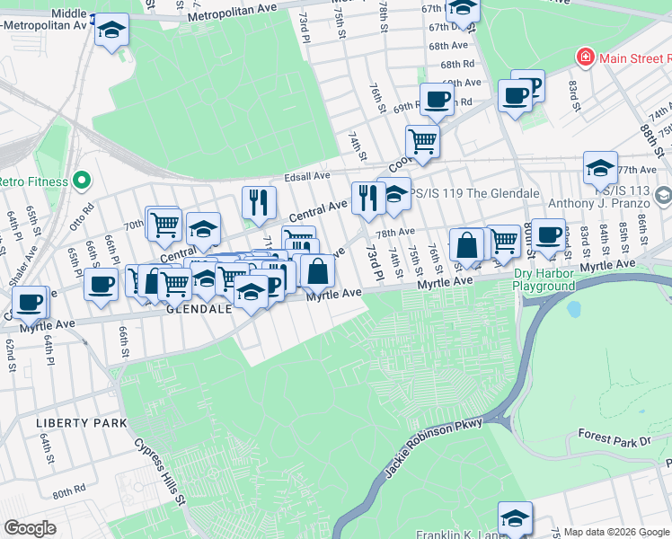 map of restaurants, bars, coffee shops, grocery stores, and more near 72-23 72nd Street in Queens