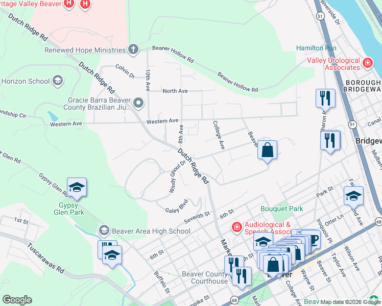 map of restaurants, bars, coffee shops, grocery stores, and more near 623 Midway Drive in Beaver