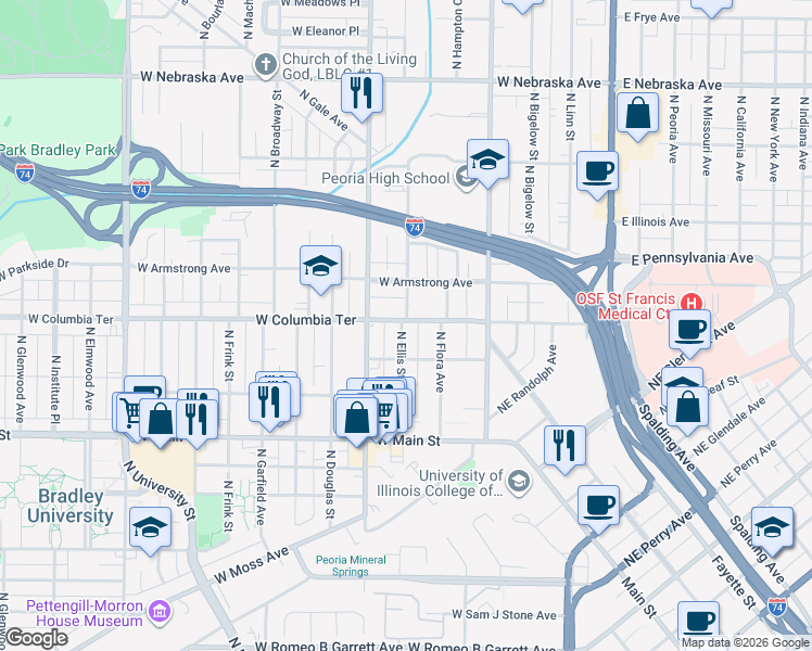 map of restaurants, bars, coffee shops, grocery stores, and more near 1207 North Ellis Street in Peoria