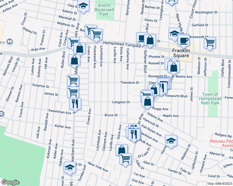 map of restaurants, bars, coffee shops, grocery stores, and more near 208 Doris Avenue in Franklin Square