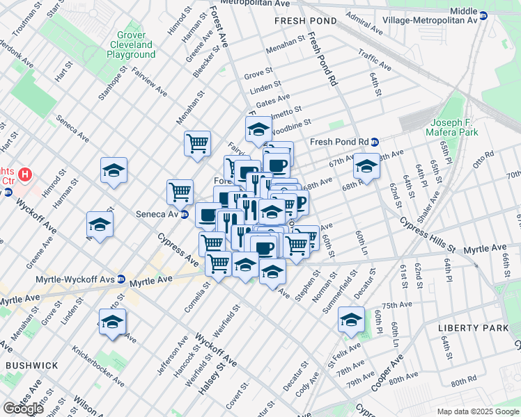 map of restaurants, bars, coffee shops, grocery stores, and more near 18-67 Cornelia Street in Queens